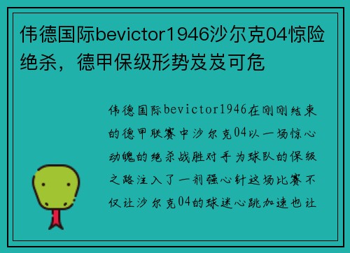 伟德国际bevictor1946沙尔克04惊险绝杀，德甲保级形势岌岌可危