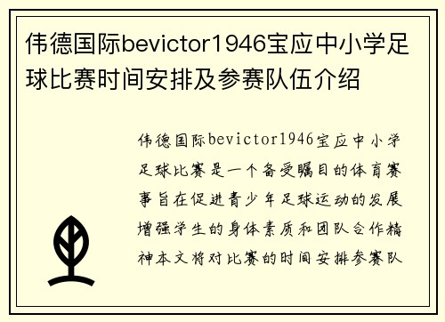 伟德国际bevictor1946宝应中小学足球比赛时间安排及参赛队伍介绍